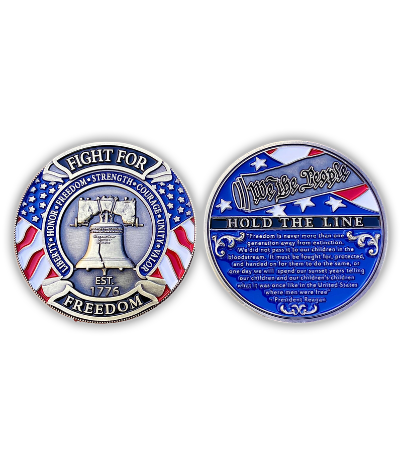 The Alex Jones Store - Hold The Line challenge coin set, front and back views