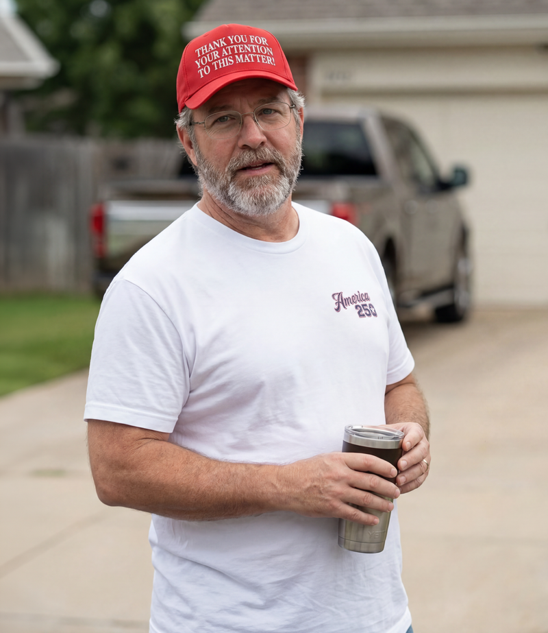 The Alex Jones Store - America 250 Flying Eagle T-Shirt — Man in red 'Thank You For Your Attention To This Matter' trucker hat and white America 250 left-chest tee, holding tumbler