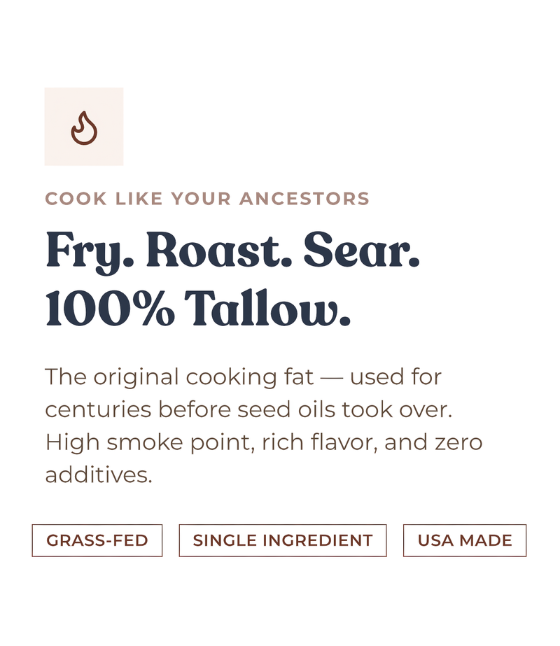 Alex Jones Naturals - Beef Tallow benefits graphic 'Fry. Roast. Sear. 100% Tallow.' with grass-fed, single ingredient, USA made badges