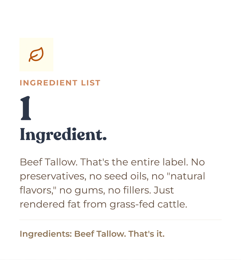 Alex Jones Naturals - Beef Tallow ingredient list graphic showing one ingredient - rendered fat from grass-fed cattle, no fillers