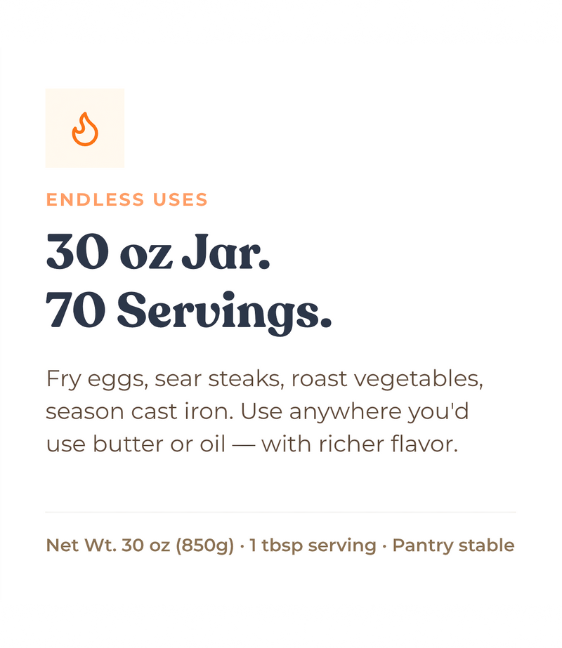 Alex Jones Naturals - Pure Grass-Fed Beef Tallow — Beef Tallow infographic showing 30 oz jar, 70 servings, endless uses for frying eggs, searing steaks, cast iron