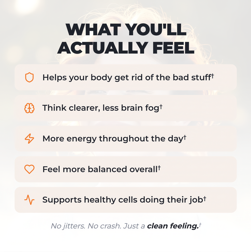 Alex Jones Naturals - Zeolite Detox & Defense - Advanced Binding Agent (60 Servings) — Zeolite Detox & Defense benefits graphic listing toxin removal, less brain fog, more energy, balance and healthy cell support