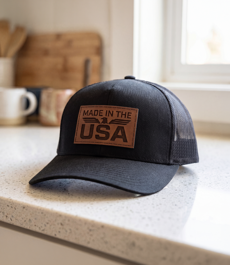 Made In The USA Eagle Leather Patch Trucker Hat