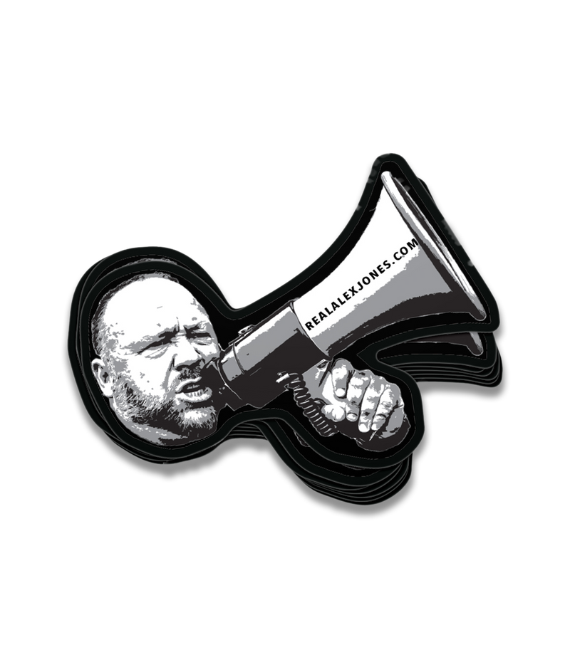 The Alex Jones Store - Alex Jones Megaphone die-cut decal in black and white showing Alex shouting into a realalexjones.com bullhorn