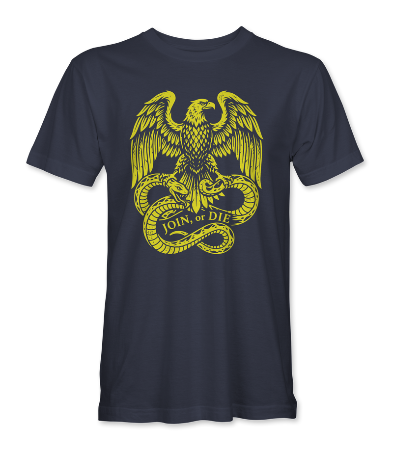 The Alex Jones Store - Front of navy Join Or Die Eagle t-shirt with gold woodcut eagle gripping two snakes above a JOIN or DIE banner
