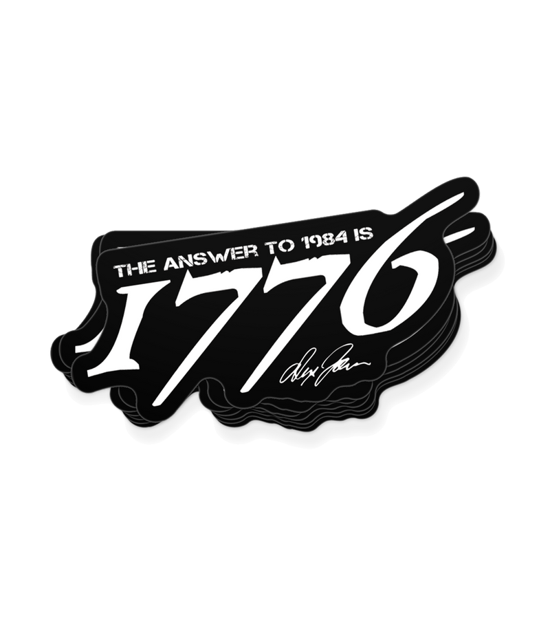 The Alex Jones Store - Black die-cut vinyl decal reading 'The Answer To 1984 Is 1776' in white grunge type with Alex Jones signature