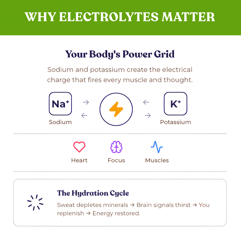 Alex Jones Naturals - Optimal Human Hydration Drink Mix with French Sea Salt — 'Why Electrolytes Matter' infographic showing sodium and potassium as the body's power grid for heart, focus and muscles