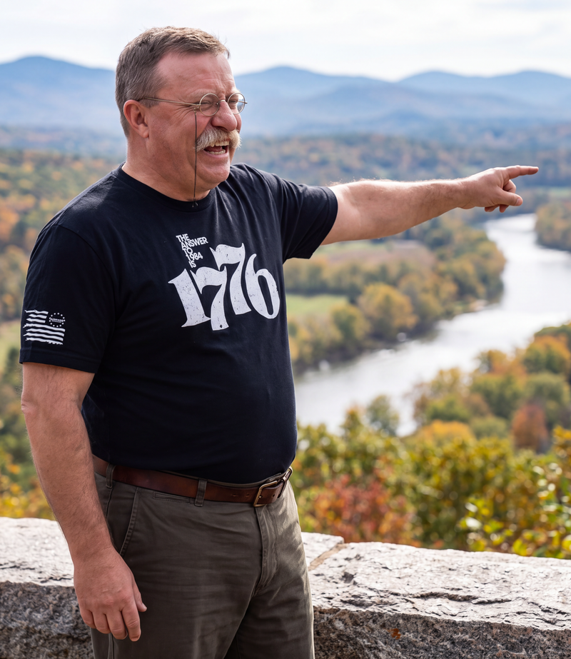 Theodore Roosevelt wearing The Answer To 1984 Is 1776 T-Shirt in black