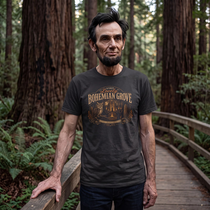 Abraham Lincoln wearing the Bohemian Grove t-shirt in black