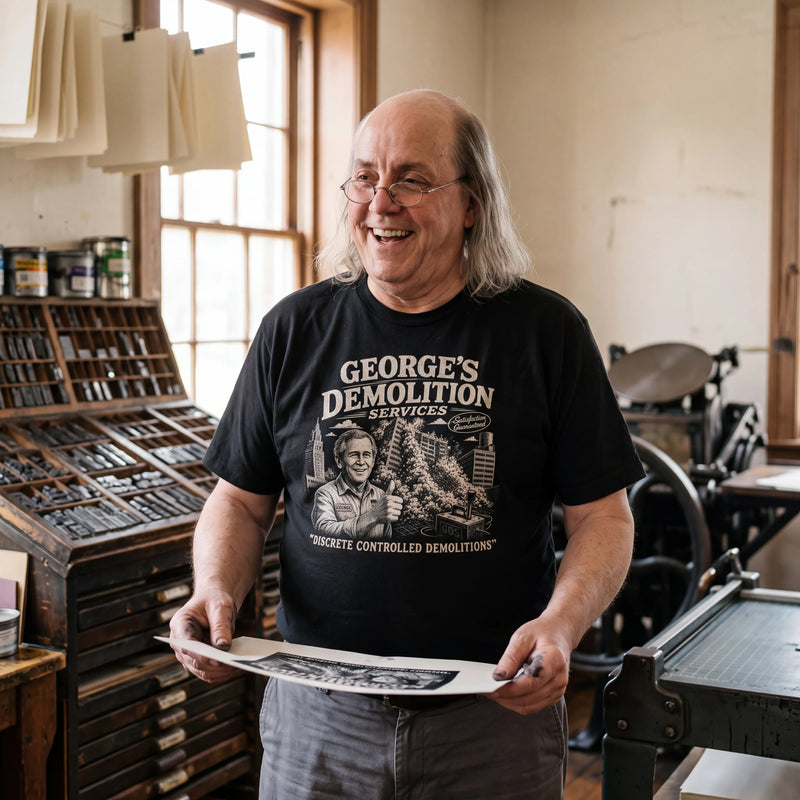 Benjamin Franklin wearing the George's Demolition Services t-shirt in black