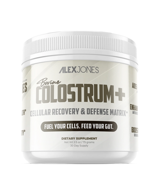 Alex Jones Naturals - White tub of Alex Jones Bovine Colostrum+ Cellular Recovery & Defense Matrix supplement, 2.5 oz, 30 servings
