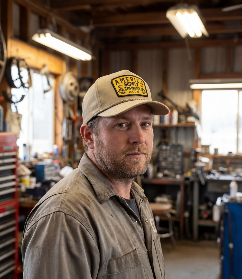 The Alex Jones Store - Man in tan America Supply Company patch hat standing in workshop with tool benches and machinery in background