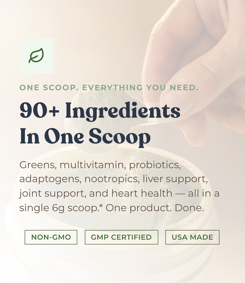 Alex Jones Naturals - Marketing graphic for Optimal Human Superfood Greens with text 90+ Ingredients In One Scoop, Non-GMO, GMP Certified, USA Made