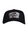 The Alex Jones Store - Black trucker patch hat front view with 'Support Your Local ICE Raids' leather patch and lightning bolt design