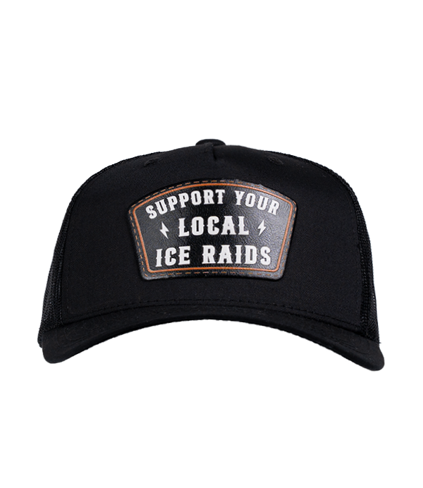 The Alex Jones Store - Black trucker patch hat front view with 'Support Your Local ICE Raids' leather patch and lightning bolt design