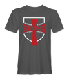 The Alex Jones Store - Charcoal gray t-shirt with red and white Crusader cross shield design reading 'Ad Majorem Dei Gloriam For The Greater Glory of God'