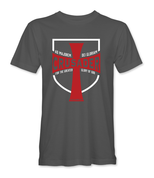 The Alex Jones Store - Charcoal gray t-shirt with red and white Crusader cross shield design reading 'Ad Majorem Dei Gloriam For The Greater Glory of God'
