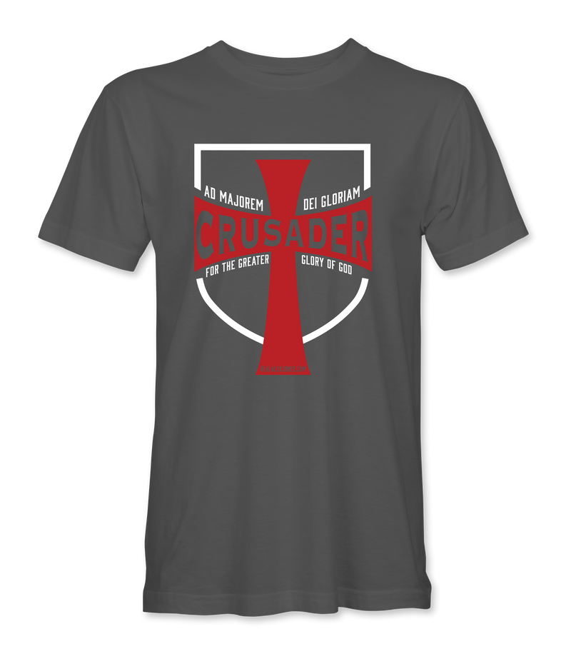 The Alex Jones Store - Charcoal gray t-shirt with red and white Crusader cross shield design reading 'Ad Majorem Dei Gloriam For The Greater Glory of God'