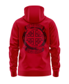 The Alex Jones Store - Back view of red Deus Vult No Retreat No Surrender hoodie with large black Jerusalem cross crest and banner text