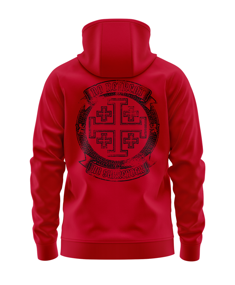 The Alex Jones Store - Back view of red Deus Vult No Retreat No Surrender hoodie with large black Jerusalem cross crest and banner text