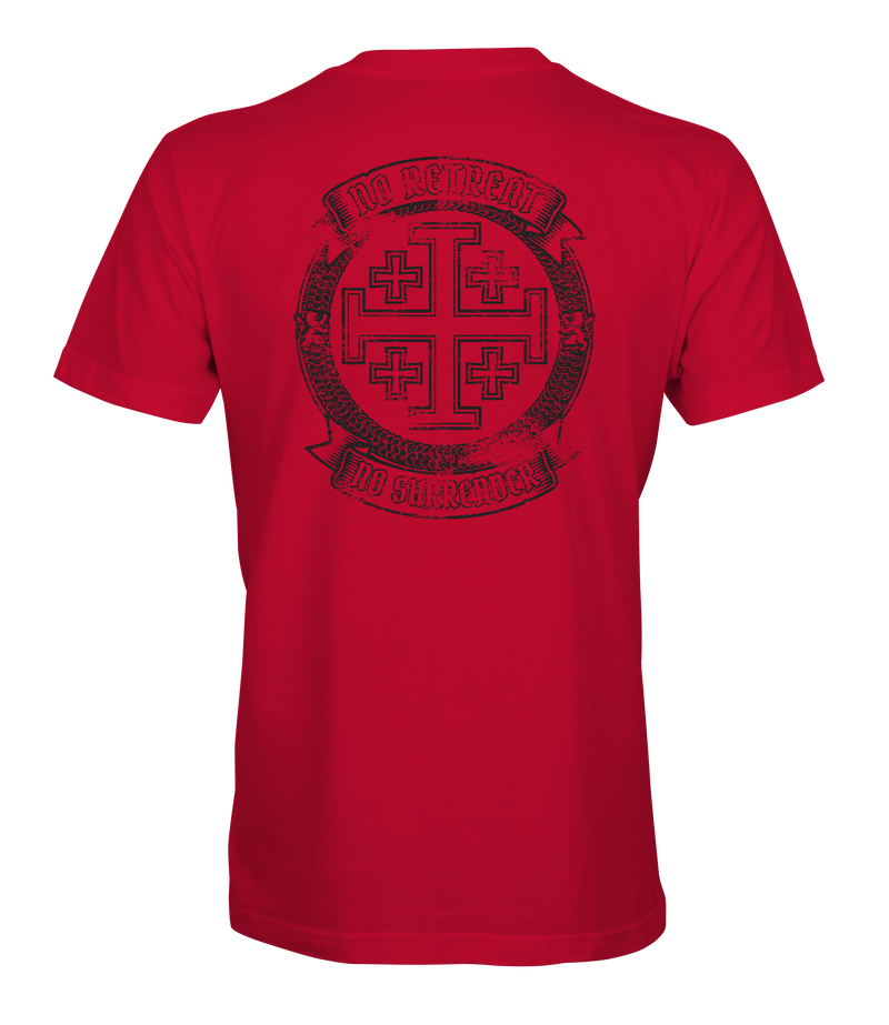 The Alex Jones Store - Back view of red Deus Vult No Retreat No Surrender t-shirt with large Jerusalem cross crest in banner medallion