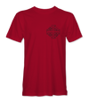 The Alex Jones Store - Red Deus Vult No Retreat No Surrender t-shirt front with small black Jerusalem cross emblem on left chest