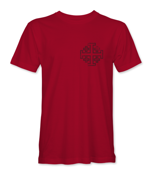 The Alex Jones Store - Red Deus Vult No Retreat No Surrender t-shirt front with small black Jerusalem cross emblem on left chest