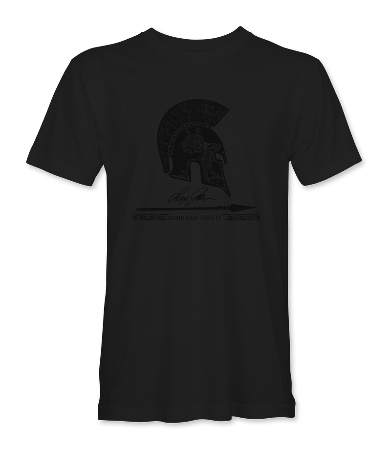 The Alex Jones Store - Black premium tee with tonal Spartan helmet, spear and 'Come and Take It' Alex Jones signature graphic - Exclusive Come and Take It T-Shirt