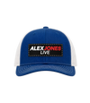 The Alex Jones Store - Royal blue and white Alex Jones Live Patch Trucker Hat with black 'Alex Jones Live' rectangle patch on the front