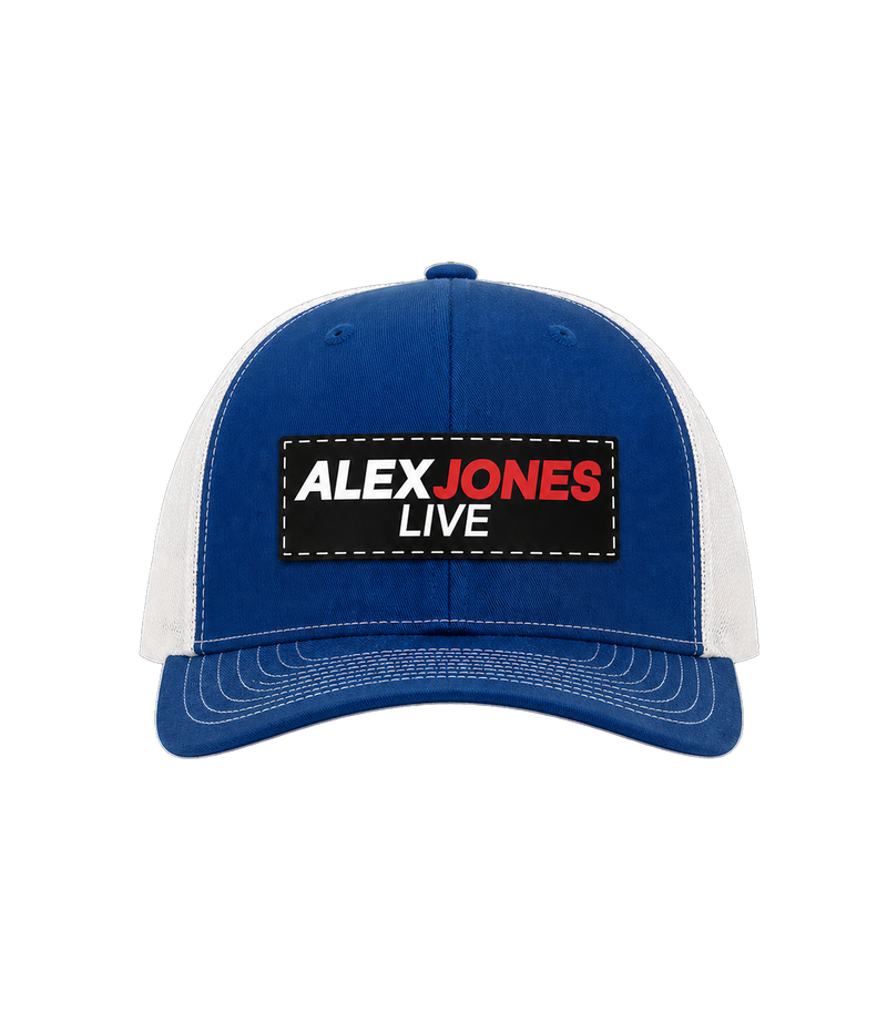 The Alex Jones Store - Royal blue and white Alex Jones Live Patch Trucker Hat with black 'Alex Jones Live' rectangle patch on the front