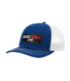 The Alex Jones Store - Side view of royal blue and white Alex Jones Live Patch Trucker Hat with stitched 'Alex Jones Live' rectangular patch