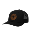 The Alex Jones Store - Black mesh-back Alex Jones Live Globe Leather Patch Hat with brown leather circular globe patch, side angle view