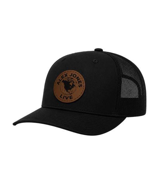 The Alex Jones Store - Black mesh-back Alex Jones Live Globe Leather Patch Hat with brown leather circular globe patch, side angle view