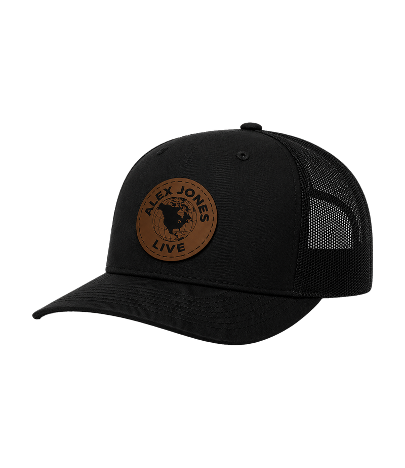 The Alex Jones Store - Black mesh-back Alex Jones Live Globe Leather Patch Hat with brown leather circular globe patch, side angle view