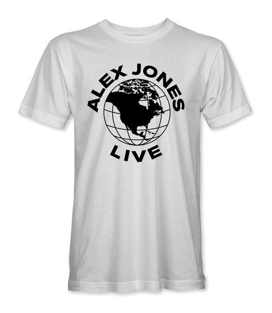 The Alex Jones Store - White Alex Jones Live Globe t-shirt with bold black globe and 'Alex Jones Live' typography across the chest
