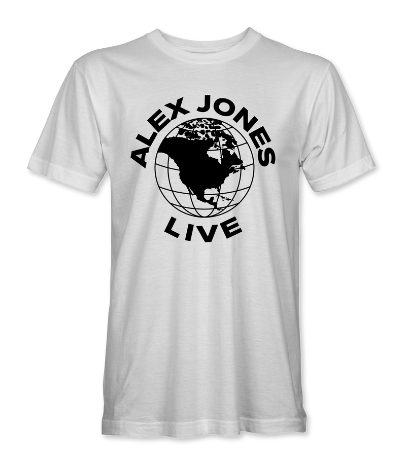 The Alex Jones Store - White Alex Jones Live Globe t-shirt with bold black globe and 'Alex Jones Live' typography across the chest