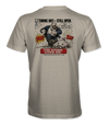 The Alex Jones Store - Back of cream Turns Out Still Open tee with Alex Jones stomping NPC onion comic art and 'The Store Lives On' banner