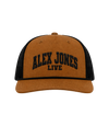 The Alex Jones Store - Tan and black Alex Jones Live Embroidered Rope Hat with collegiate 'ALEX JONES LIVE' chest embroidery, front view