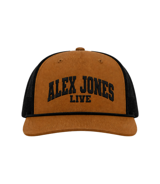 The Alex Jones Store - Tan and black Alex Jones Live Embroidered Rope Hat with collegiate 'ALEX JONES LIVE' chest embroidery, front view