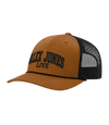 The Alex Jones Store - Side view of tan and black Alex Jones Live Tan Embroidered Rope Hat with bold arched 'Alex Jones Live' embroidery