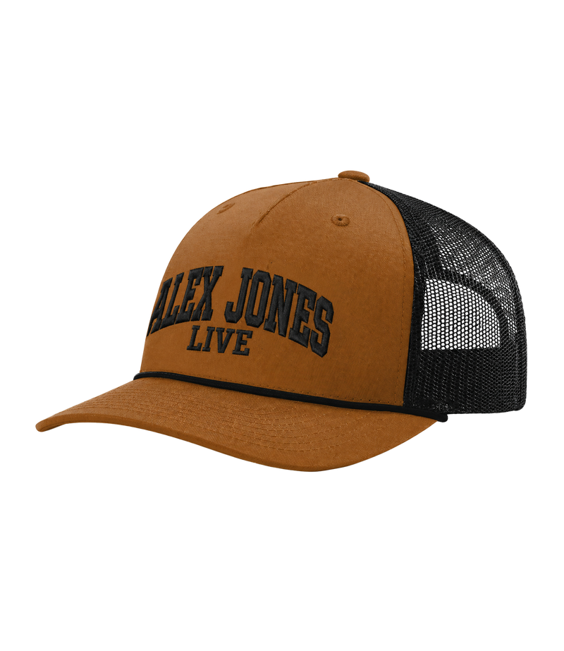 The Alex Jones Store - Side view of tan and black Alex Jones Live Tan Embroidered Rope Hat with bold arched 'Alex Jones Live' embroidery