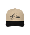 The Alex Jones Store - Tan and black Alex Jones Live Signature Trucker Hat with cursive 'Alex Jones LIVE' script embroidered on the front
