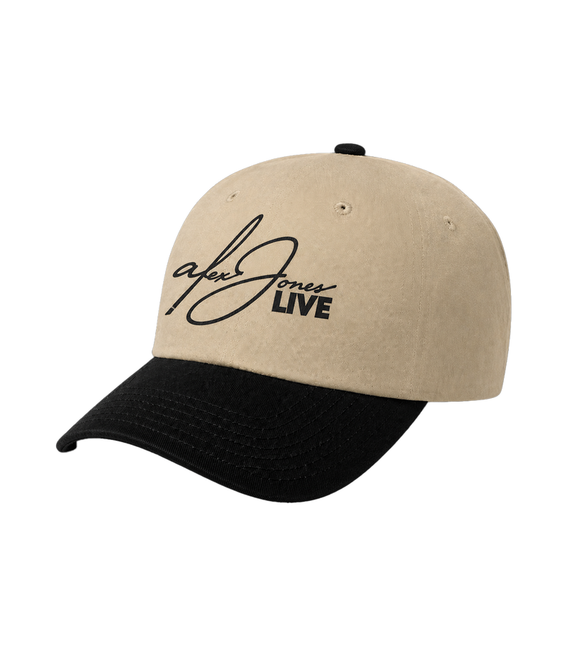 The Alex Jones Store - Side view of tan crown black brim Alex Jones Live Signature Trucker Hat with signature-style embroidered logo