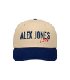 The Alex Jones Store - Tan and navy Alex Jones Live Tan Embroidered Hat with 'ALEX JONES Live' chest embroidery in navy and red, front view