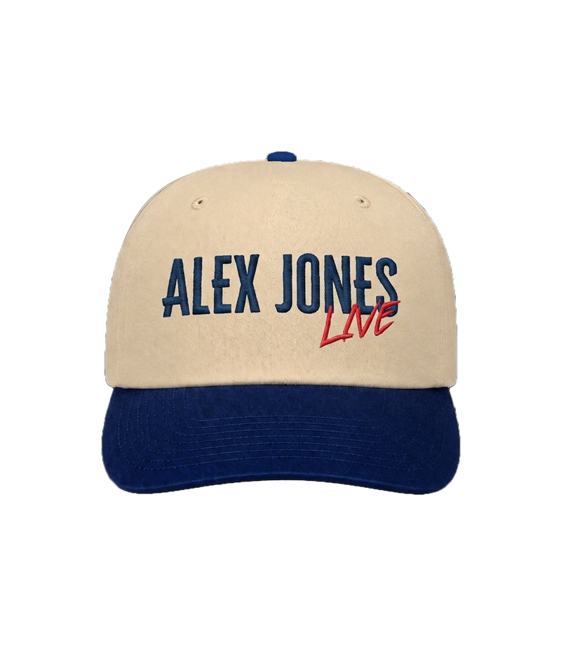 The Alex Jones Store - Tan and navy Alex Jones Live Tan Embroidered Hat with 'ALEX JONES Live' chest embroidery in navy and red, front view