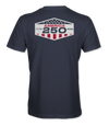 The Alex Jones Store - Back of navy America 250 Badge t-shirt with large hexagonal '1776-2026 America 250' flag emblem print