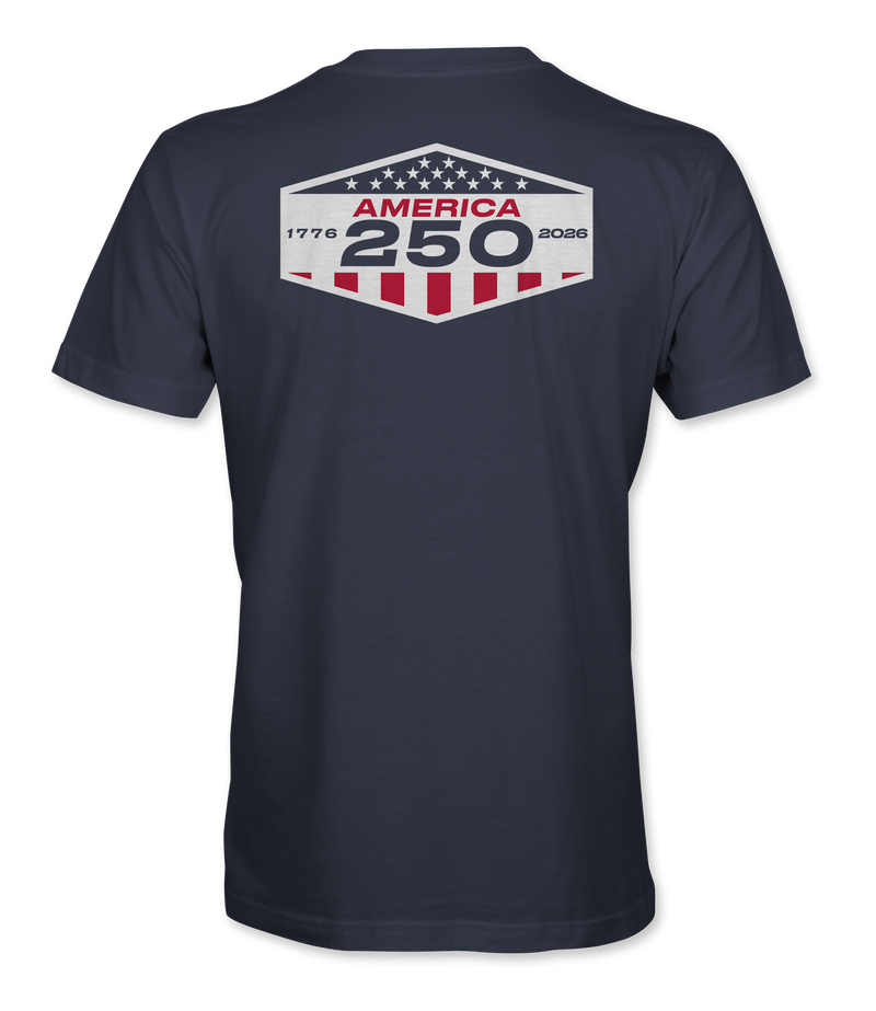 The Alex Jones Store - Back of navy America 250 Badge t-shirt with large hexagonal '1776-2026 America 250' flag emblem print