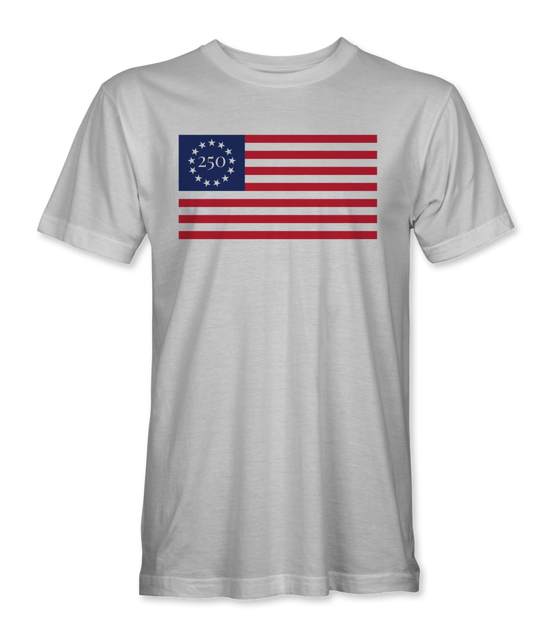 The Alex Jones Store - White unisex tee with Betsy Ross 13-star American flag print featuring '250' in the star circle, America 250 design