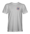 The Alex Jones Store - America 250 1775 License Plate T-Shirt — Front of white tee with small red and navy 'USA 250' star wreath logo on left chest, America 250 design