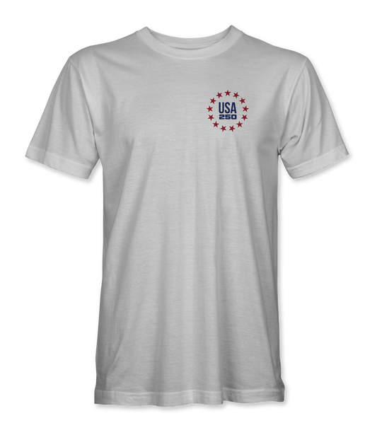 The Alex Jones Store - America 250 1775 License Plate T-Shirt — Front of white tee with small red and navy 'USA 250' star wreath logo on left chest, America 250 design